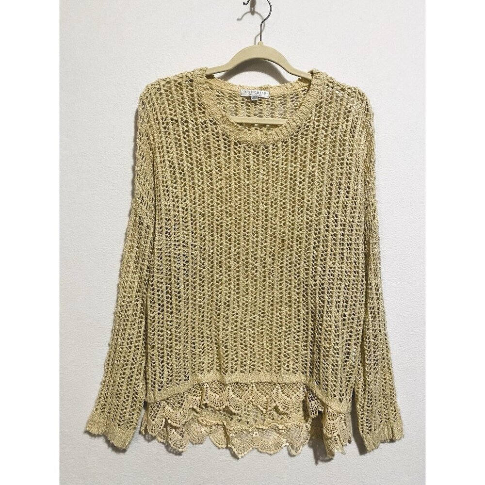 Solitaire Anthropologie Sweater Womens Medium Beige Open Knit Lace Hem Beachy